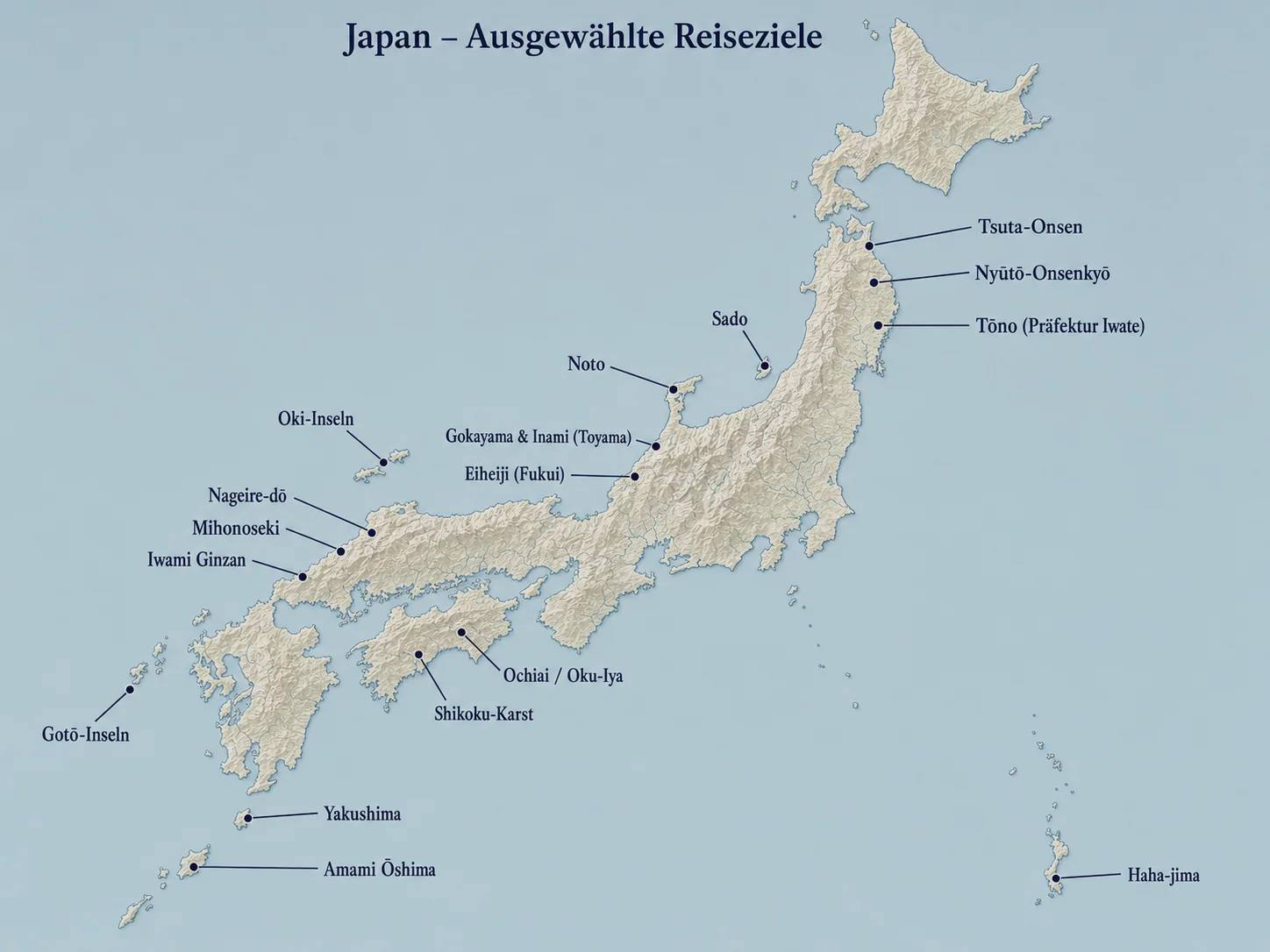 Übersichtskarte von Japan mit den im Artikel vorgestellten stillen Reisezielen abseits der Touristenpfade — von den Oki-Inseln und San'in über das tiefe Shikoku bis Tōhoku, Noto und die abgelegenen Inseln
