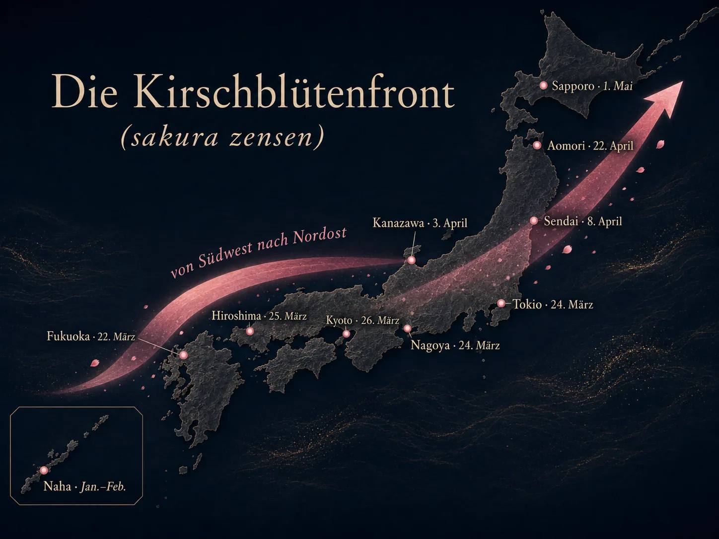 Karte der Kirschblütenfront (sakura zensen): Die Kirschblüte zieht von Südwest nach Nordost über Japan – von Fukuoka (22. März) über Tokio und Kyoto bis Sapporo (1. Mai), mit den langjährigen Durchschnittsdaten je Stadt.