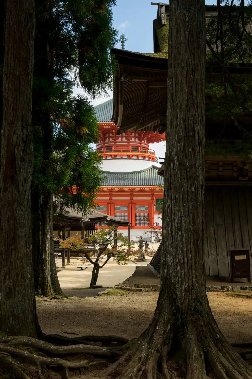 Ein orange-weißer Tempel auf dem Berg Kōya in Wakayama — bekannt für Übernachtungen mit reiner Shōjin-Ryōri-Küche