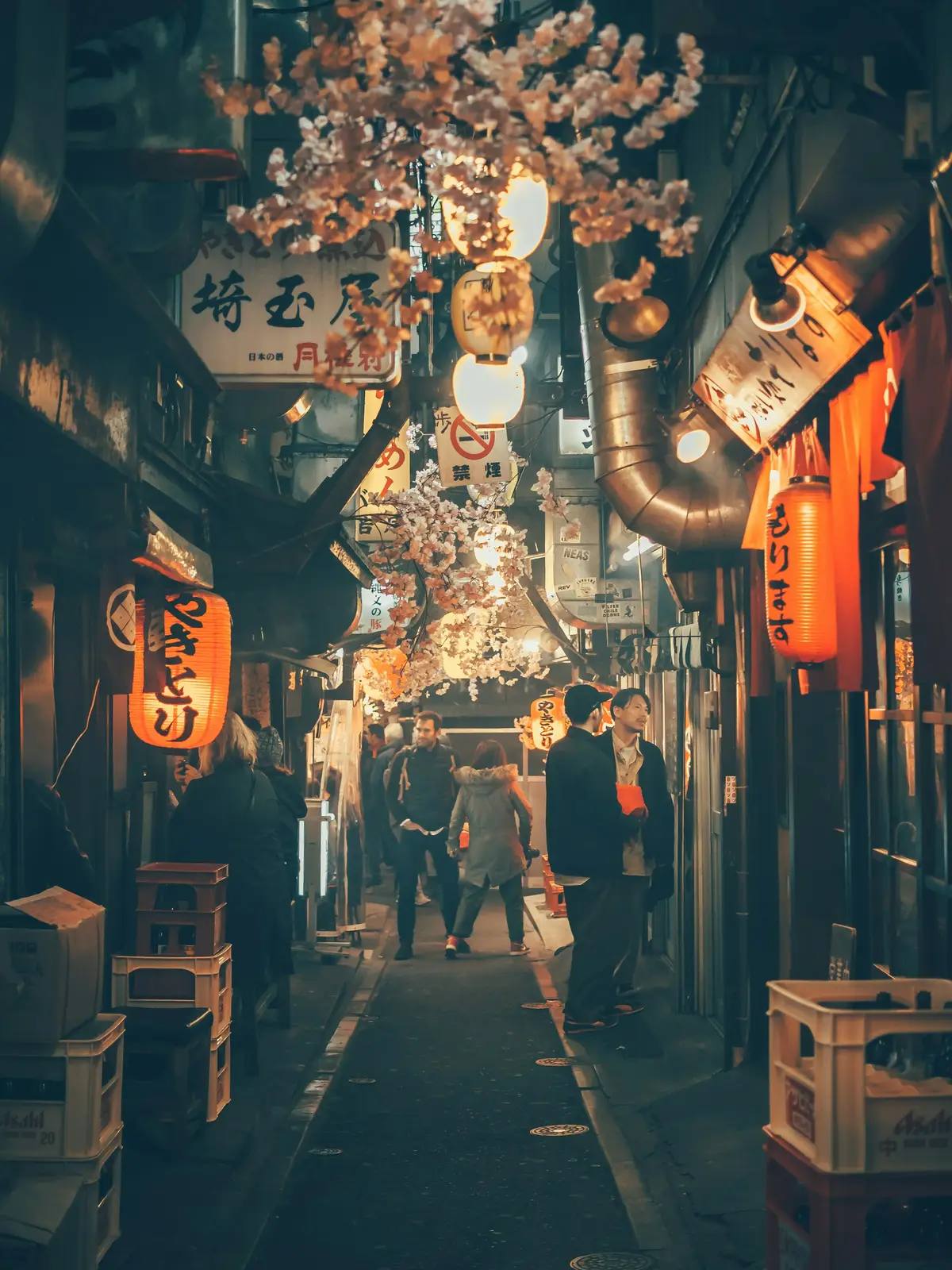 Traditionelle Izakaya-Gasse in Tokyo mit Laternenbeleuchtung – authentische japanische Esskultur