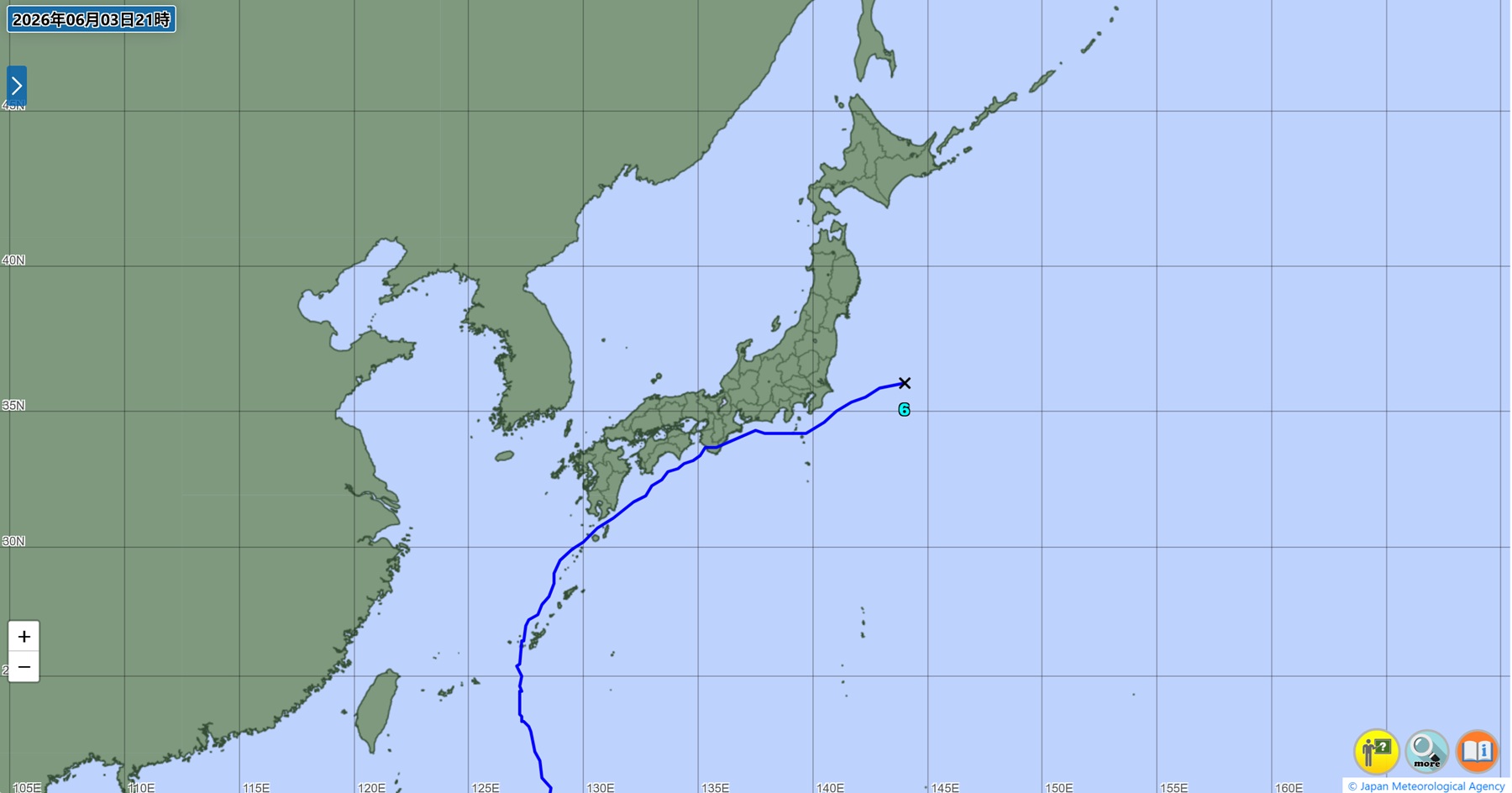 Tatsächliche Zugbahn von Taifun Nr. 6 (Chanmi) im Juni 2026 auf einer Karte der Japanischen Wetterbehörde: von Süden kommend westlich an Okinawa vorbei, südlich an Kyūshū und Shikoku, Landgang bei Wakayama am 3. Juni, dann entlang der Pazifikküste nach Nordosten bis östlich von Kantō, wo der Sturm zu einem außertropischen Tief wurde.